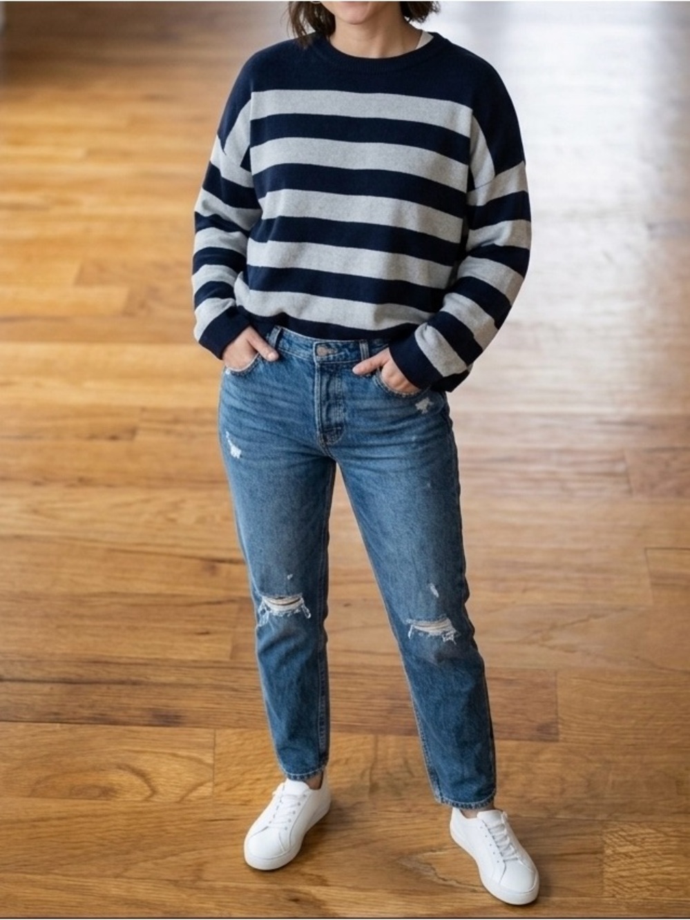 Industry Navy White Striped Crew Neck Knit Sweater Women’s Relaxed